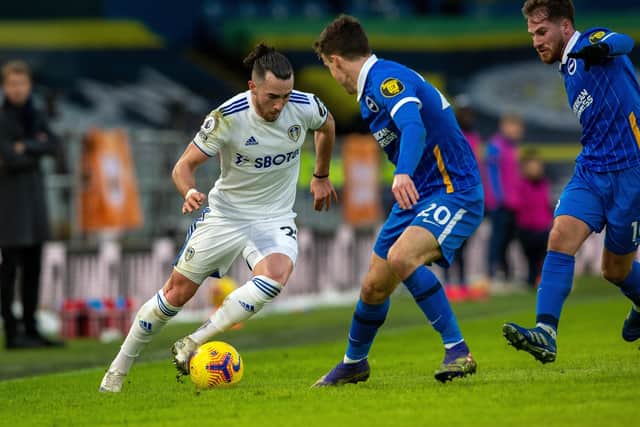 Jack Harrison takes on Solly March at Elland Road on Saturday.  Picture: Bruce Rollinson