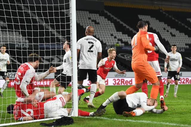 Rotherham United's Jamie Lindsay turns away to celebrate scoring the late winner against Derby County at Pride Park. Picture: Gareth Copley/Getty Images