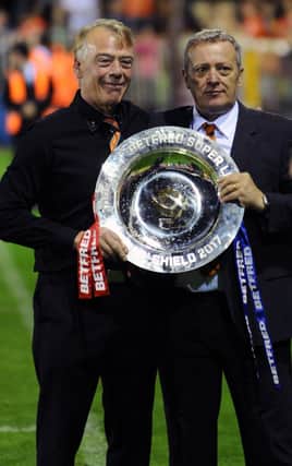 Family Silver: Castleford chairman, Ian Fulton, left, with the League Leaders’ Shield the Tigers won in 2017.  He says changes at the club mean Castleford will emerge from the pandemic intact.  Pictures: Jonathan Gawthorpe
