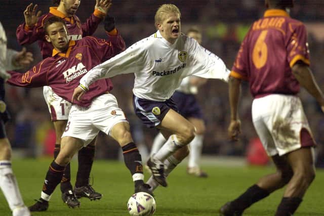 FLASHBACK: Erling Haaland's father, Alfie, in action for Leeds, against Roma back in March 2000. picture: Bruce Rollinson.