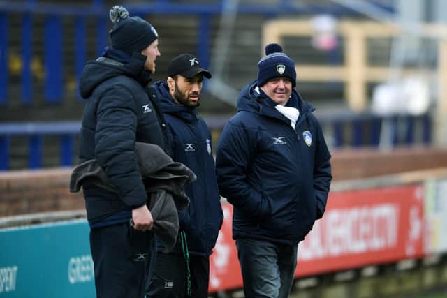 Steve Boden (centre), pictured when head coach for Yorkshire Carnegie, where he worked alongside director of rugby, Chris stirling, right. Picture: Jonathan Gawthorpe