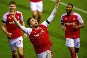 Double up: Matt Crooks celebrates scoring his second goal for Rotherham United against Stoke City last night. Picture Bruce Rollinson