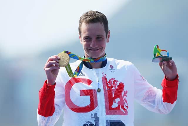 Gold medaltist Alistair Brownlee of Great Britain celebrates on the podium during the Men's Triathlon at Fort Copacabana on Day 13 of the 2016 Rio Olympic Games on August 18, 2016 in Rio de Janeiro, Brazil.  (Picture: Alex Livesey/Getty Images)