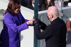 Vice President Kamala Harris celebrates with Joe Biden after being sworn in during the inauguration on the West Front of the US Capitol in Washington, DC. (Getty Images).