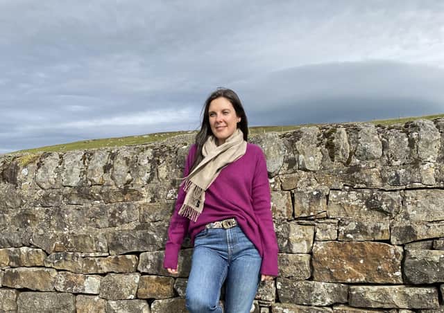 Becki Davies-Orr, Ali's niece, wears oversized purple cashmere sweater and scarf. All the sweaters are priced around £40 at Nearly New Cashmere.