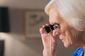 Mary Berry, uses vintage opera glasses to cast her eye on the detail of the celebrities’ ingredients, techniques and culinary skills from the mezzanine, a vantage point shared with judges Angela Hartnett and Chris Bavin. Picture: PA Photo/BBC/Keo Films.