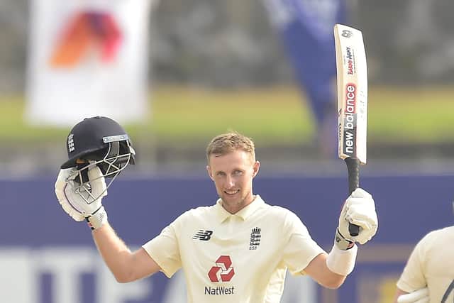 Joe Root celebrates his century for England against Sri Lanka in the second Test match in Galle on Sunday.


Picture courtesy of Sri Lankan Cricket (via ECB)