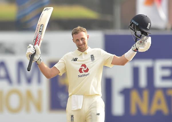 MASTERCLASS: Joe Root celebrates his century for England against Sri Lanka in the second Test match in Galle on Sunday.


Picture courtesy of Sri Lankan Cricket via ECB.