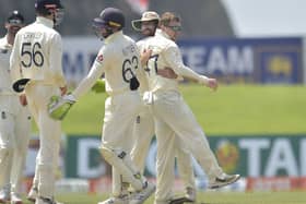 England's Dom Bess celebrates taking one of his four wickets on day four of the second Test match at Galle Picture courtesy of Sri Lanka Cricket via ECB.