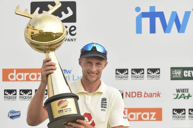 England captain Joe Root holds the Moose Clothing 2021 Trophy aloft at Galle 

Picture courtesy of Sri Lanka Cricket via ECB.