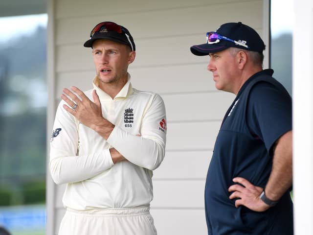 PLANNING AHEAD: England head coach Chris Silverwood, with Test captain Joe Root. Picture: Gareth Copley/Getty Images