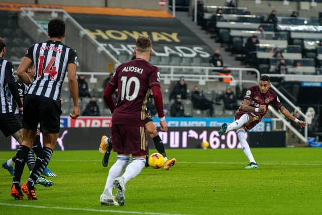 OPENING SALVO: Raphinha scores Leeds United's opener against Newcastle United at St James's Park on Tuesday. Picture: Bruce Rollinson