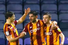 DOUBLE DELIGHT:  Bradford City's Gareth Evans celebrates his team's third goal - and his second - against Southend United at Roots Hall. Picture: Jacques Feeney/Getty Images