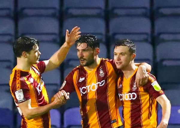 DOUBLE DELIGHT:  Bradford City's Gareth Evans celebrates his team's third goal - and his second - against Southend United at Roots Hall. Picture: Jacques Feeney/Getty Images