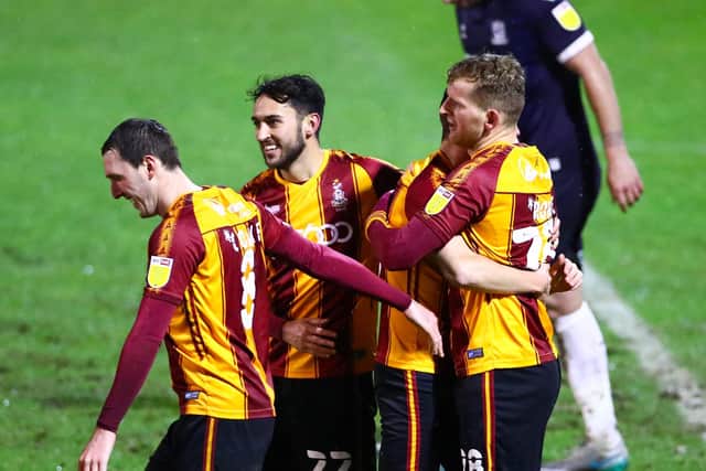 ON TARGET: Bradford City's Danny Rowe celebrates his team's second goal at Roots Hall. Picture: Jacques Feeney/Getty Images
