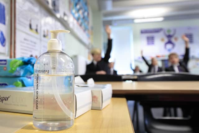 Hand sanitiser in a classroom at Outwood Academy Adwick in Doncaster, before schools wre forced to close at the start of this month.