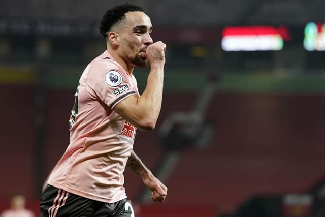 Kean Bryan of Sheffield Utd celebrates scoring his side's opening goal at Old Trafford (Picture Andrew Yates/Sportimage)