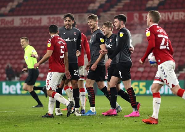 Rotherham United's Michael Smith (centre) celebrates scoring his side's second goal at Middlesbrough (Picture: PA)
