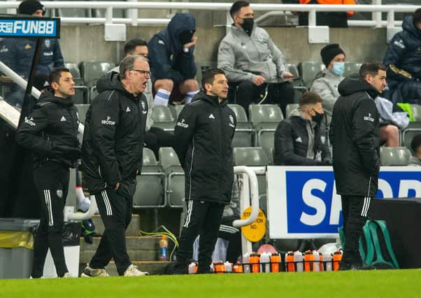 NOW HEAR THIS: Leeds United head coach Marcelo Bielsa bellows out his instructions to players at St James's Park on Tuesday.  Picture: Bruce Rollinson