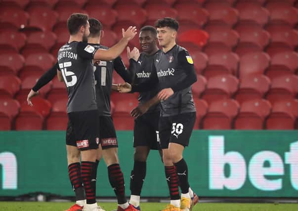On target: Rotherham United new signing Ryan Giles, right, celebrates scoring their third goal of the game with team-mates. Picture: PA