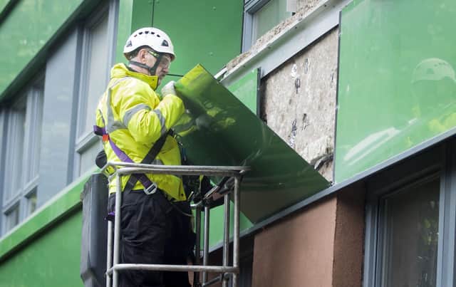 Cladding being removed from Hanover tower block in Sheffield, Yorkshire in 2017. Picture: Danny Lawson/PA Wire