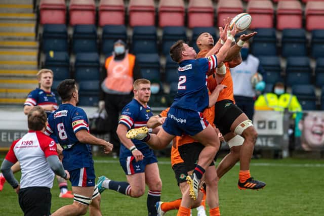 Doncaster Knights' Will Holling rises to challenge for the ball. (PIC: TONY JOHNSON)
