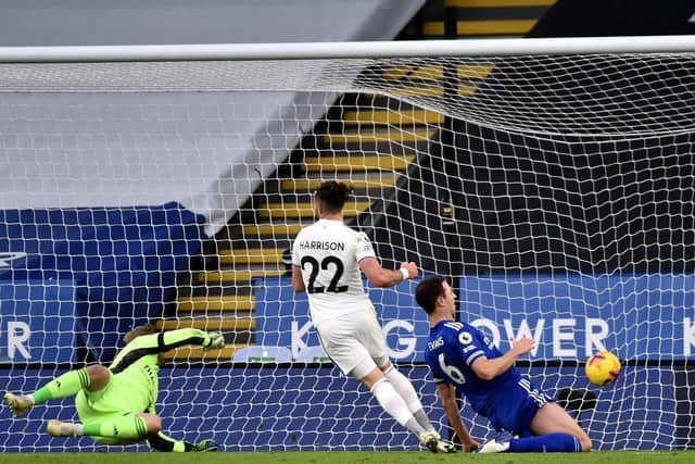 Alright Jack: Leeds United winger Jack Harrison scores the thrird goal after being teed-up by Bamford. Picture: Rui Vieira/PA Wire.