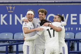 Foxes on the Run: Leeds United striker Patrick Bamford, second left, scored a goal, provided two assists and was named man of the match after the Whites’ 3-1 Premier League victory over Leicester City at the King Power Stadium yesterday.  Picture: Tim Keeton/PA