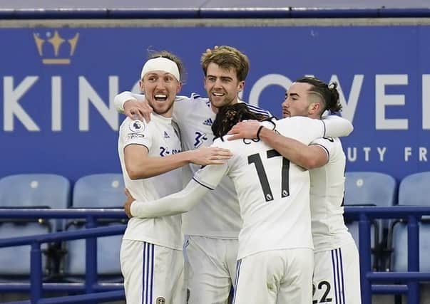 Foxes on the Run: Leeds United striker Patrick Bamford, second left, scored a goal, provided two assists and was named man of the match after the Whites’ 3-1 Premier League victory over Leicester City at the King Power Stadium yesterday.  Picture: Tim Keeton/PA