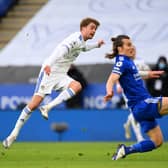 Superb finish: Leeds United's Patrick Bamford scores their second goal against Leicester City. Picture: Clive Mason/PA Wire.