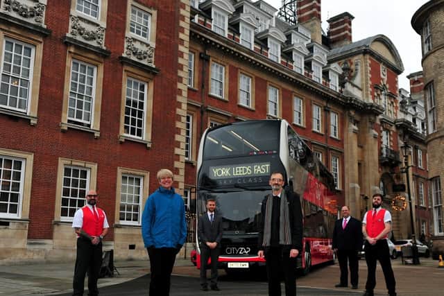At York’s five-star Grand Hotel and Spa with one of Transdev’s £1.4m ‘Sky Class’ Cityzap buses are, from left: Cityzap Driver Barry Dean; Cllr. Paula Widdowson, City of York Council Executive Member for Environment and Climate Change; Paul Sammonds, Transdev Planning Manager; Cllr. Andy D’Agorne, City of York Council Deputy Leader and Executive Member for Transport; Paul Turner, Transdev Commercial Director; and Cityzap Driver Adam Williams