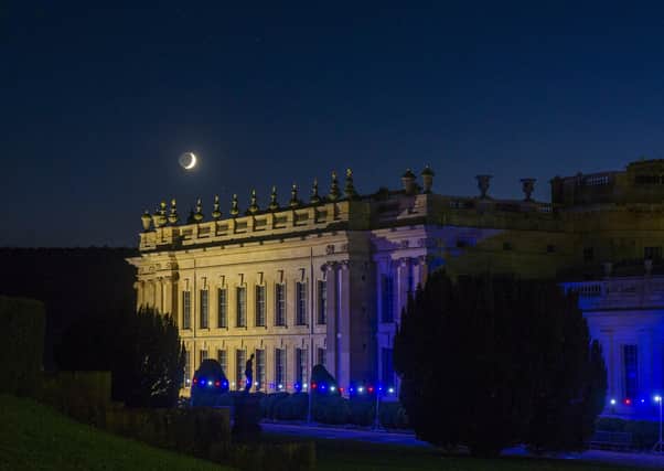 A crescent moon rises above the 105-acre garden at Chatsworth House. Picture Tony Johnson