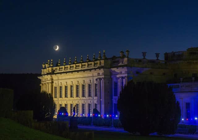 A crescent moon rises above the 105-acre garden at Chatsworth House. Picture Tony Johnson