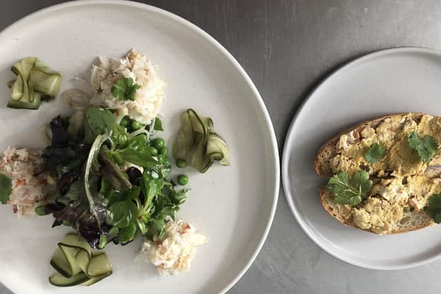 White Crab Salad with fennel peas pickled cucumber & crab toast.