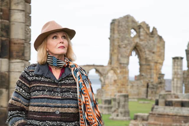 Joanna Lumley in the grounds of Whitby Abbey
