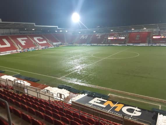 The playing surface of the AESSEAL New York Stadium ahead of the postponement of the game against Derby due to torrential rain.