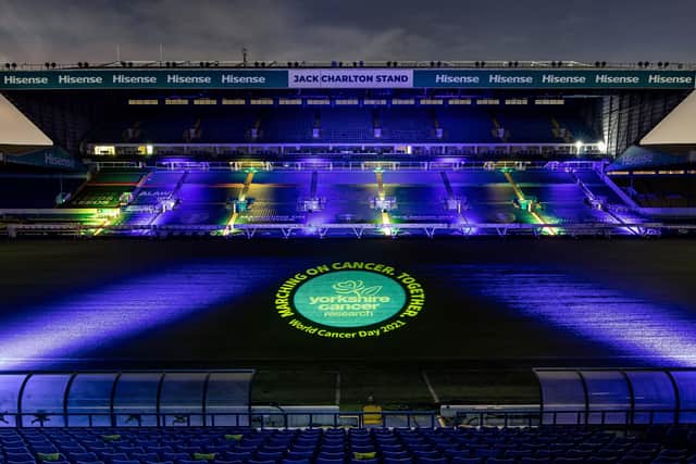 Ellend Road has been lit up to mark World Cancer Day and LUFC partnership with Yorkshire Cancer Research Picture: Yorkshire Cancer Research