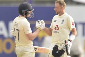 DOUBLE ACT: Joe Root with Dom Bess  in the second Test match against Sri Lanka in Galle. Picture courtesy of Sri Lankan Cricket.