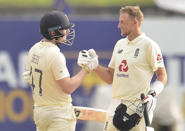 DOUBLE ACT: Joe Root with Dom Bess  in the second Test match against Sri Lanka in Galle. Picture courtesy of Sri Lankan Cricket.