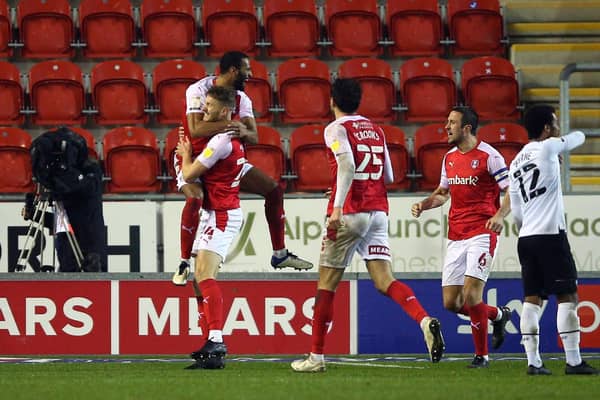 Rotherham United's Michael Ihiekwe celebrates with team-mates after scoring. Picture: PA