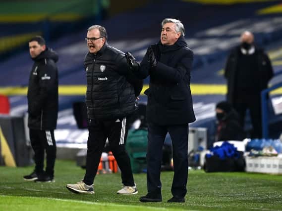 Marcelo Bielsa and Carlo Ancelotti urge on their respective sides at Elland Road. Picture: Michael Regan/PA Wire