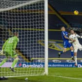 Leeds United's Patrick Bamford heads inches over the bar. Pictures: Tony Johnson