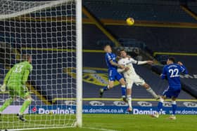Leeds United's Patrick Bamford heads inches over the bar. Pictures: Tony Johnson