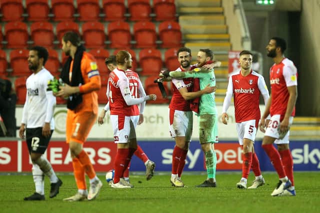 Rotherham United players celebrate after the final whistle. Picture: PA.