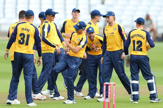 GAME ON: Yorkshire Vikings celebrate a wicket in last year's Vitality Blast clash against Notts Outlaws at Trent Bridge. Picture by Ash Allen/SWpix.com -