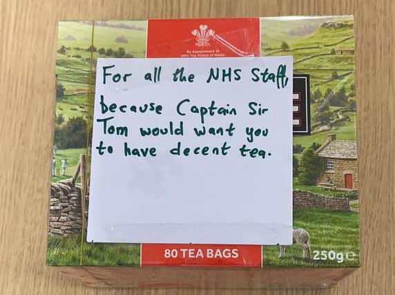 Tea bags donated by a stranger to a GP surgery, inspired by the deeds of Sir Captain Tom Moore after his passing this week. Picture: @drjamieparker/Twitter