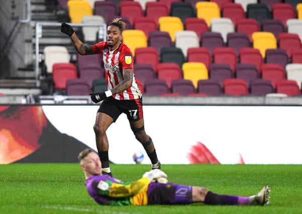 One to watch: Brentford's Ivan Toney scores their side's sixth goal of the gamein midweek.