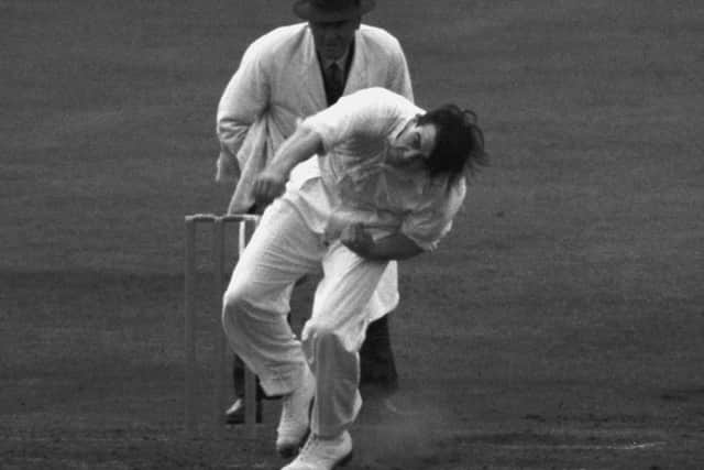 LEGEND: Fred Trueman, bowling for England on the last day of the Third Test against India at Old Trafford in July 1952. Picture: Central Press/Hulton Archive/Getty Images)