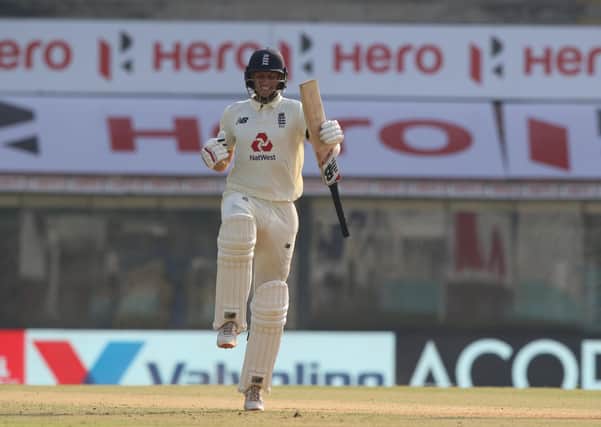 England captain Joe Root celebrates after reacing his century on day one of the first Test match in Chennai. 
Picture courtesy of BCCI (via ECB)