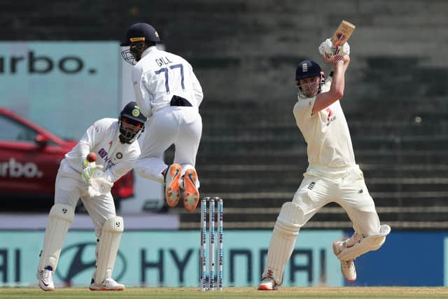 Dom Sibley cuts through point on his way to 87 on day one of the first Test against India in Chennai. Picture courtesy of BCCI (via ECB)